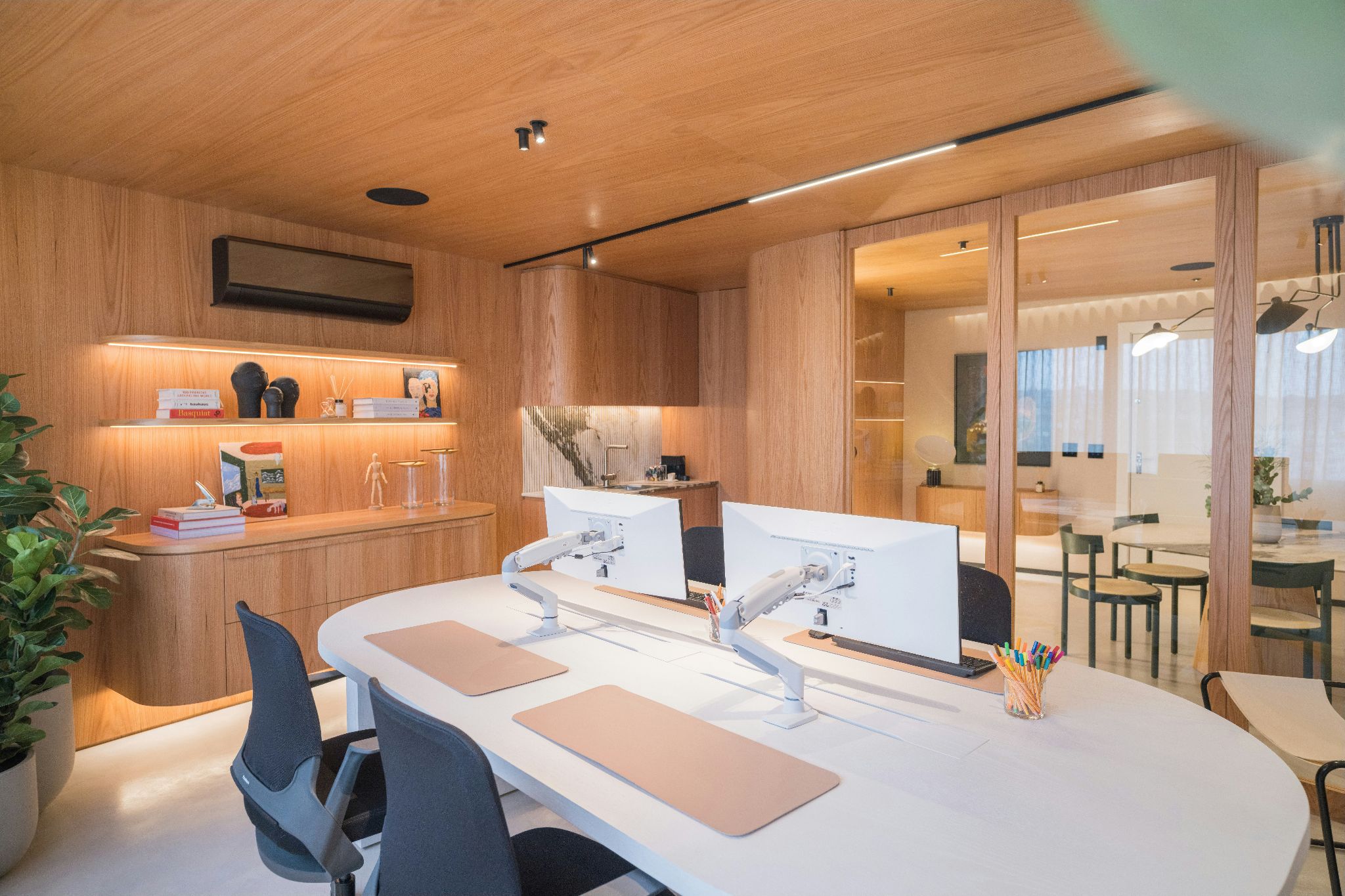 Office with wooden surfaces